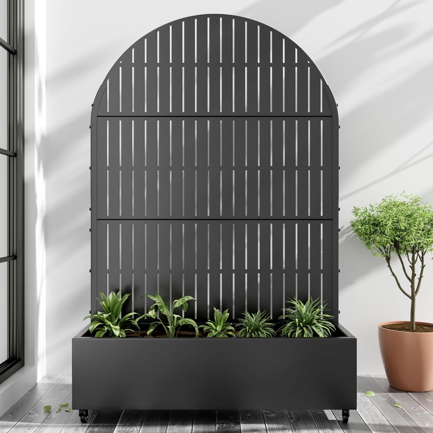 Casaphoria Metal Raised Garden Bed with Trellis and Wheels, 72"x47"x16" Arched Planter Box for Climbing Plants, Vegetables & Vines, Features Drainage Holes and Privacy Screen (Black-Fence)