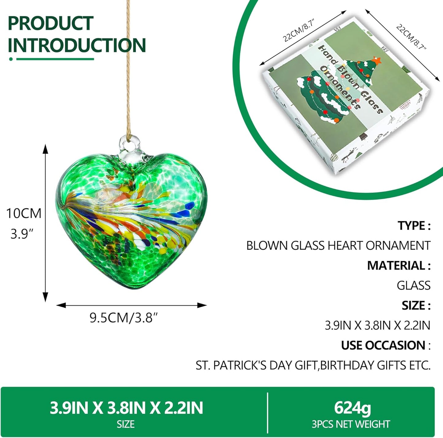 Set of 3 Green Blown Glass Heart Ornaments 4 Inch Hanging Decor for Outdoor Unique Home Garden Patio Decoration for Mom Wife