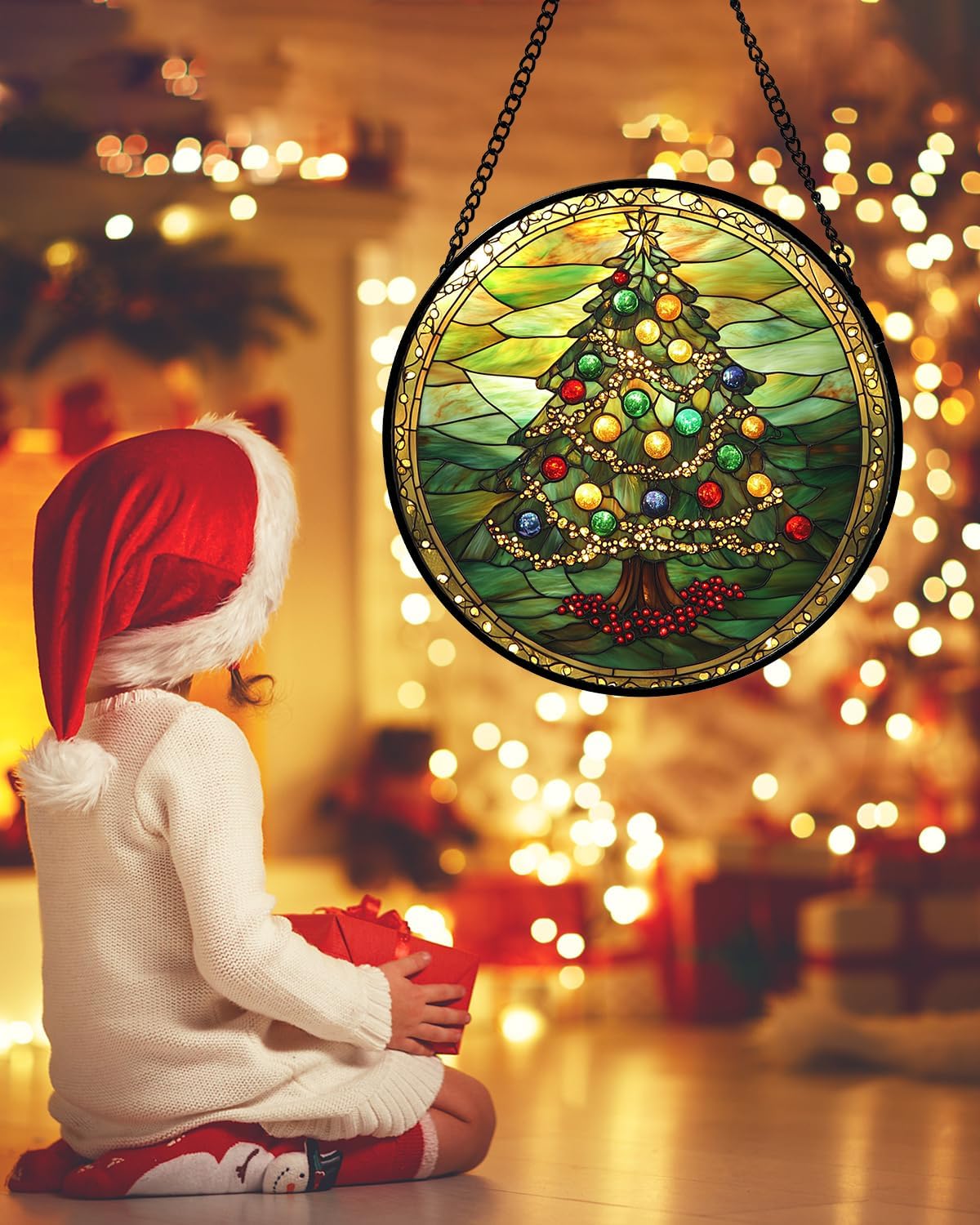 Stained Glass Window Hanging - Green Christmas Tree Gold Ribbon Suncatcher for Doors Home Christmas Decoration Sun Catcher Thanksgiving New Year Birthday Gifts for Women Men Mom Nana 7.8 in
