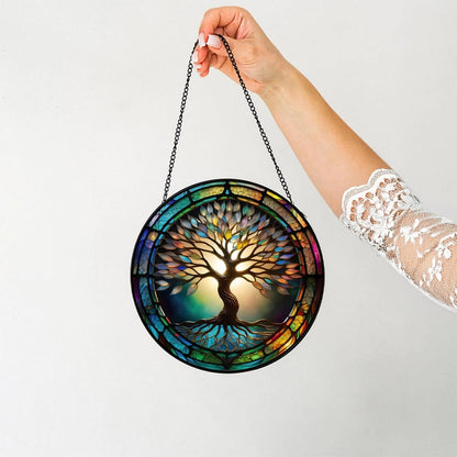 Colorful Tree of Life Suncatcher -7.9 in Stained Glass Window Hanging Catcher Garden Decor