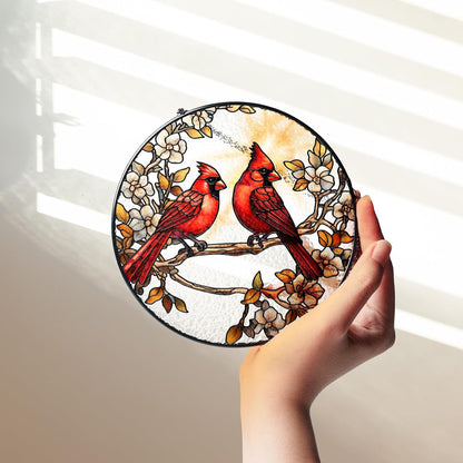7.8" Cardinals Stained Glass Suncatcher, Red Birds Suncatcher for Window Hanging, Decor for Home Garden Housewarming, Cardinal Gift for Women, Girl, Mom, Grandma, Friend BIRD-41B-SG8