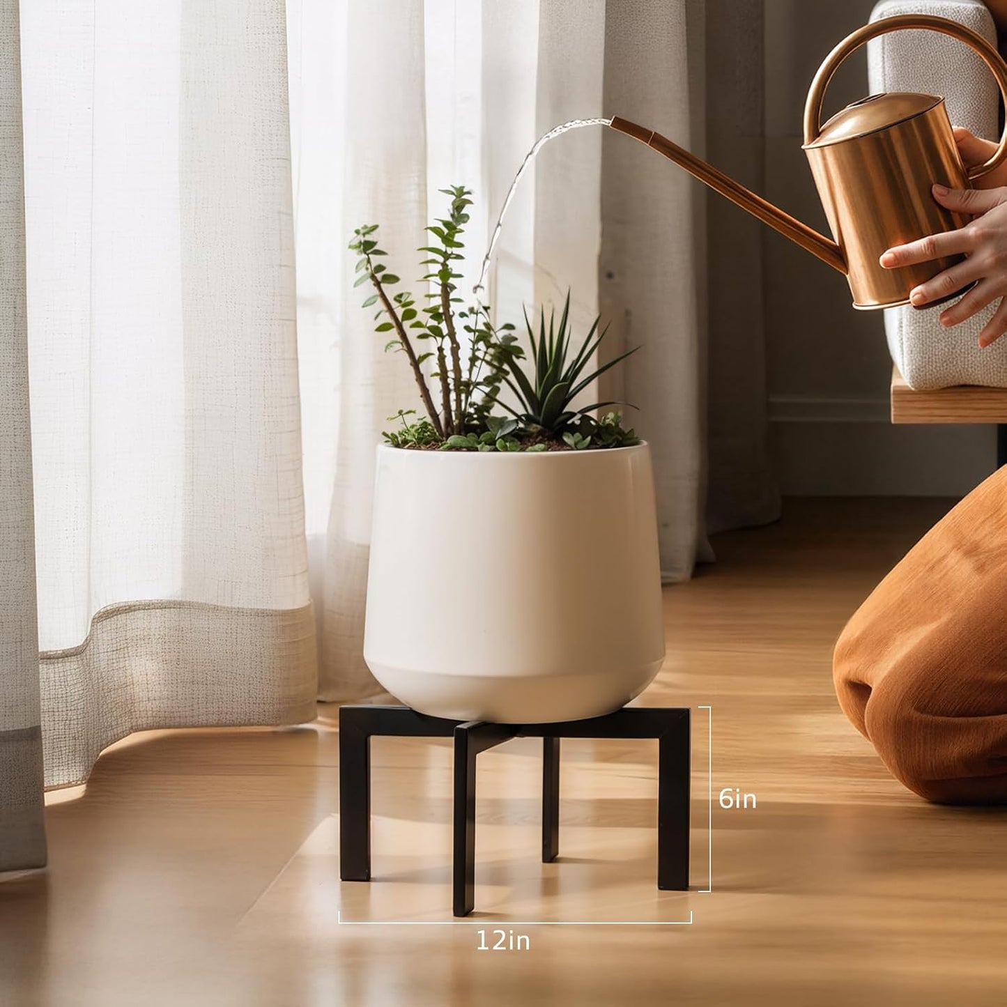 IZIDDO Plant Stand Indoor Outdoor,Metal Mid-Century Pot Stand,Modern Plant Holder Rattan Flower Plant Stool,Low Short Plant Stands for Indoor Fit 5-12 Inch Pot,Black(Pot & Plant Not Included)