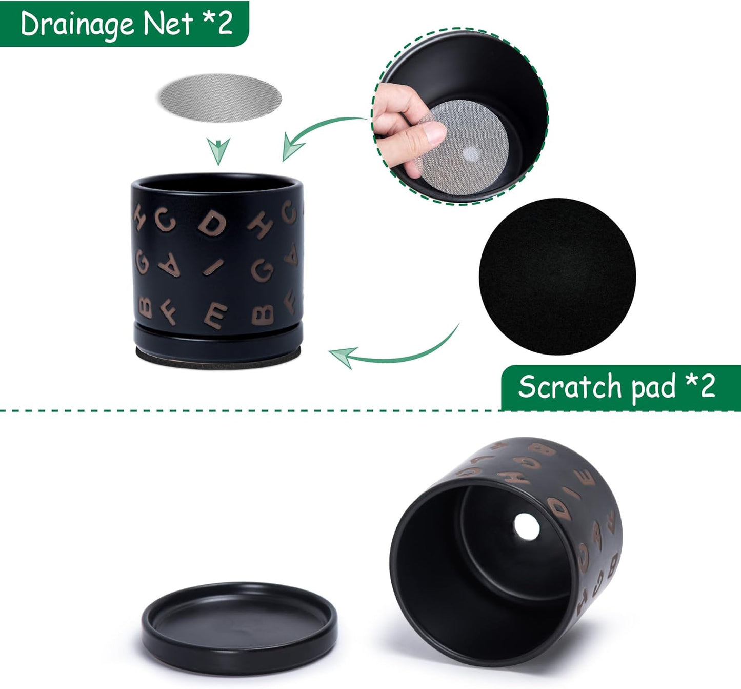 D'vine Dev Set of 2 Ceramic Planter Pots with Drainage Hole and Saucer, 4.5 Inch Plant Pots for Plants Indoor Houseplants, Black, 99-Z-G-2-V