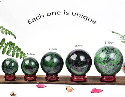 JIC Gem Large Gemstone Sphere Ball Ruby Zoisite Healing Crystal Ball Red&Green Crystal Sphere with Wood Stand Crystal Decorative Ball Home Decoration (90-100mm)