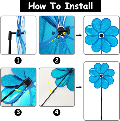 4PCS Flower Wind Spinner Sparkly Lawn Pinwheel 11.8 inch Blue Garden Windmill for Garden, Party, Outdoor, Yard Decor