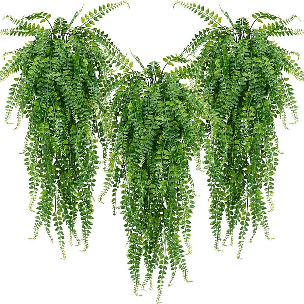 6 Pcs Artificial Hanging Ferns Plants Fake Hanging Plants Fake Ivy Boston Ferns Vine Outdoor Indoor Home Décor UV Resistant Plastic Plants (Green)