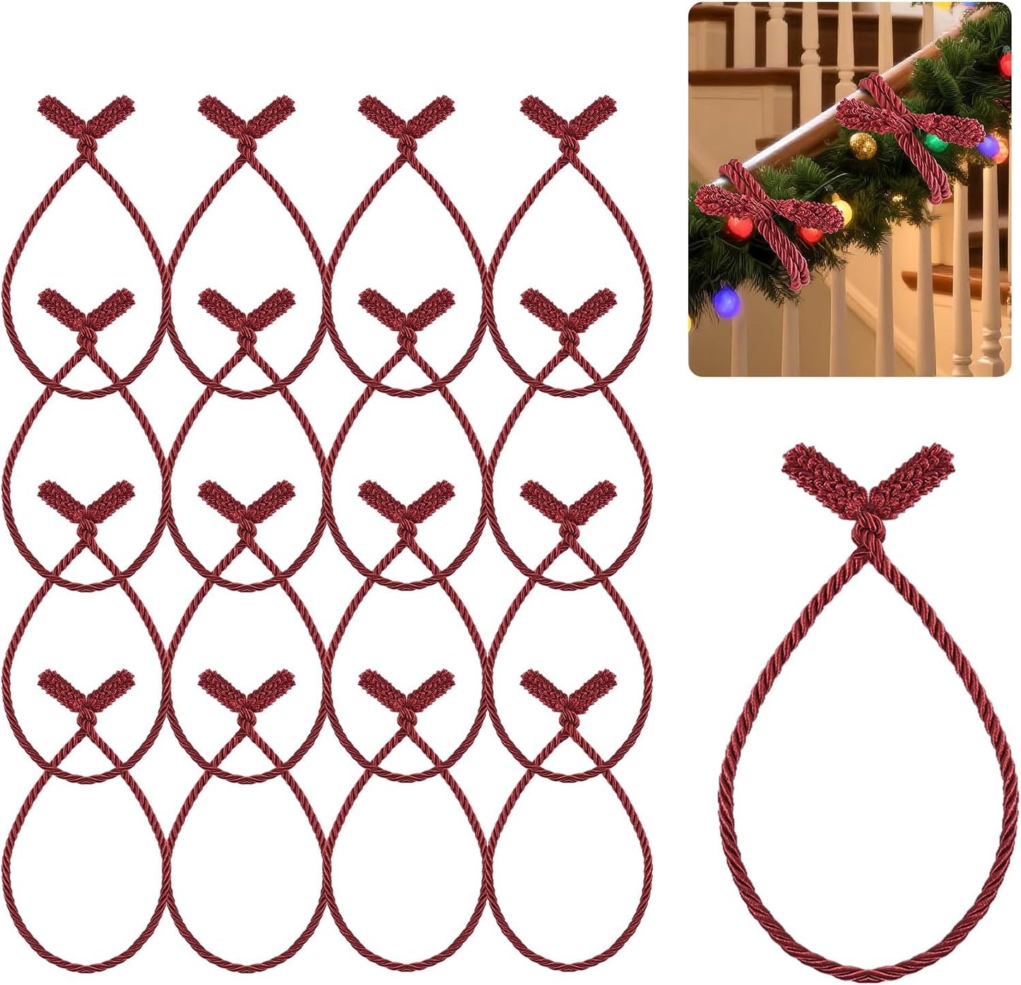 Christmas Garland Ties, 16Pcs 20in Garland Twist Ties for Banister, Reusable and Flexible Decorative Twist Tie for Home Decorations and Holiday Craft Gift Wrapping - Red