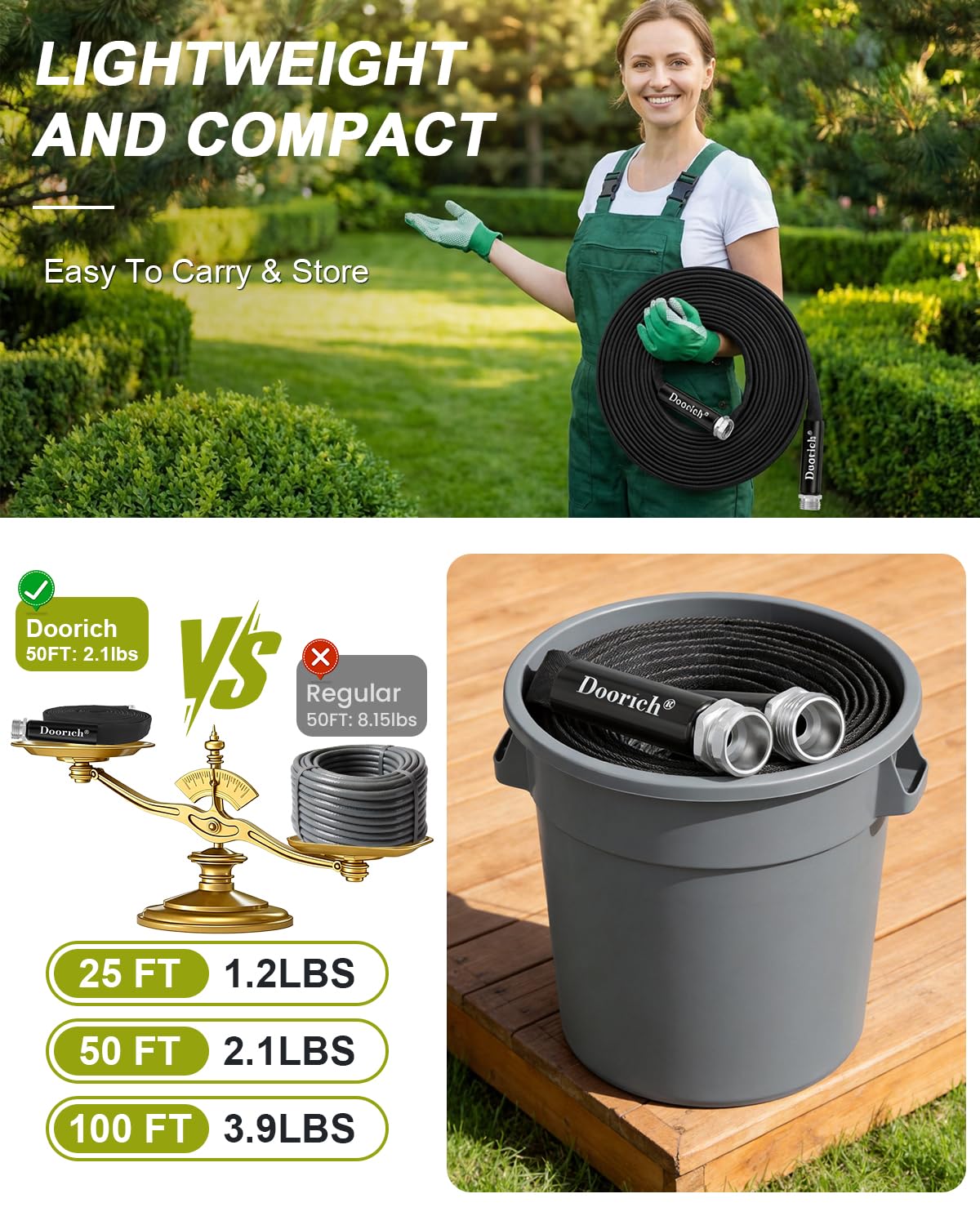 Doorich Garden Hose, Lightweight, Ultra Flexible, Durable, Kink-Free Water Hose - Made of TPU