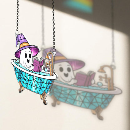 2 Boo Bathtub Acrylic Suncatchers, Gothic Cute Ghost Reading Book Window Hanging Ornaments, Halloween Horror Home Decor Witch Handmade Wall Art, Gift for Women Mom Friends Family