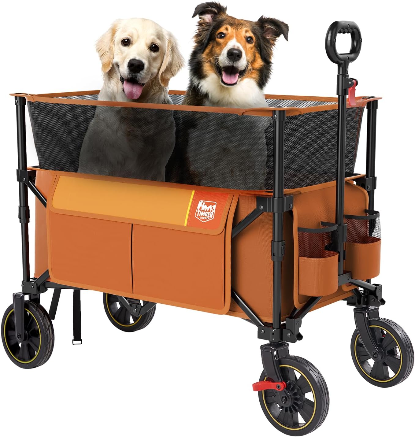TIMBER RIDGE 350L Extra Large Collapsible Folding Wagon Carts with Brake, Heavy Duty Outdoor Camping Utility Wagons with Extended Height, Adjustable Handle, Cup Holders, Side Bag(Orange)