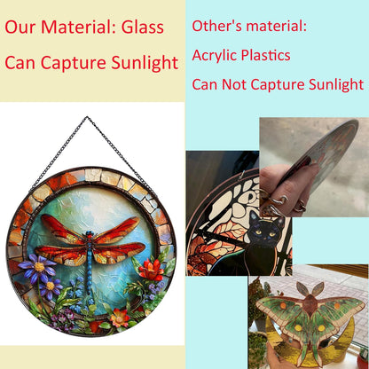 Dragonfly and Flower Suncatcher Stained Glass,Hanging Stained Glass Suncatcher for Windows,20cm/7.87inch Hand-Painted Sun Catcher Garden Hangings Halloween Fall Christmas Decor for Home