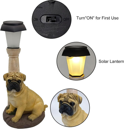 BAYN Solar Dog Garden Statues with Lantern, Resin Pug Dog Sculpture with Warm White Light for Outside Lawn Porch Patio