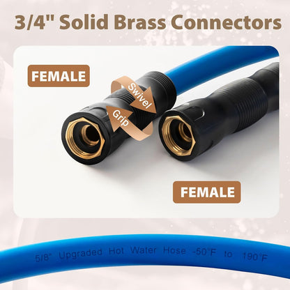 5/8" Female to Female Hot/Cold Water Leader Hose 10ft, -50℉ to 190℉ Flexible,Burst 600 Psi 3/4" Brass Fittings with Swivel Grip Handle for Outdoor,Yard, Farm, Blue