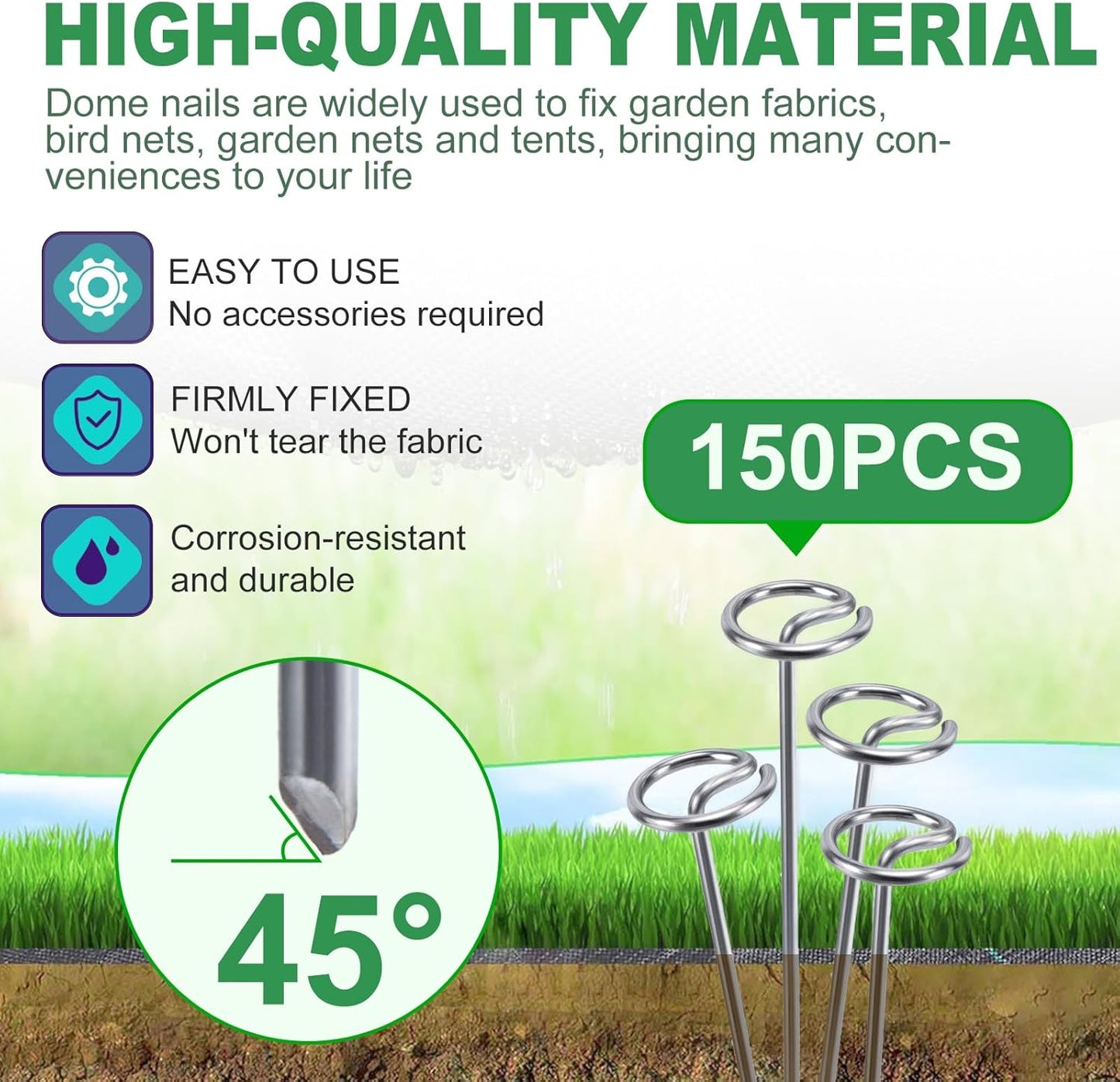 150Pcs Landscape Garden Staples - 6 Inch Circle Landscape Fabric Pins, Strong and Not Easy to Bend, with Hook Tool, Suitable for Outdoor Gardening, Garden, Turf, Fabric