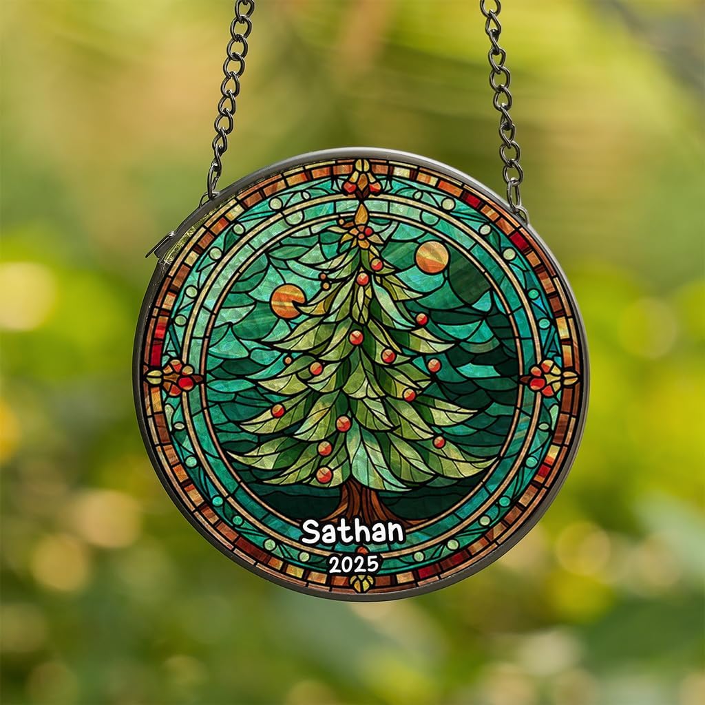 Personalized Stained Glass Christmas Tree Suncatcher, Christmas Handcraft Holiday Ornament with Name and Number, Gift for Family or Friend, Gift for Décor