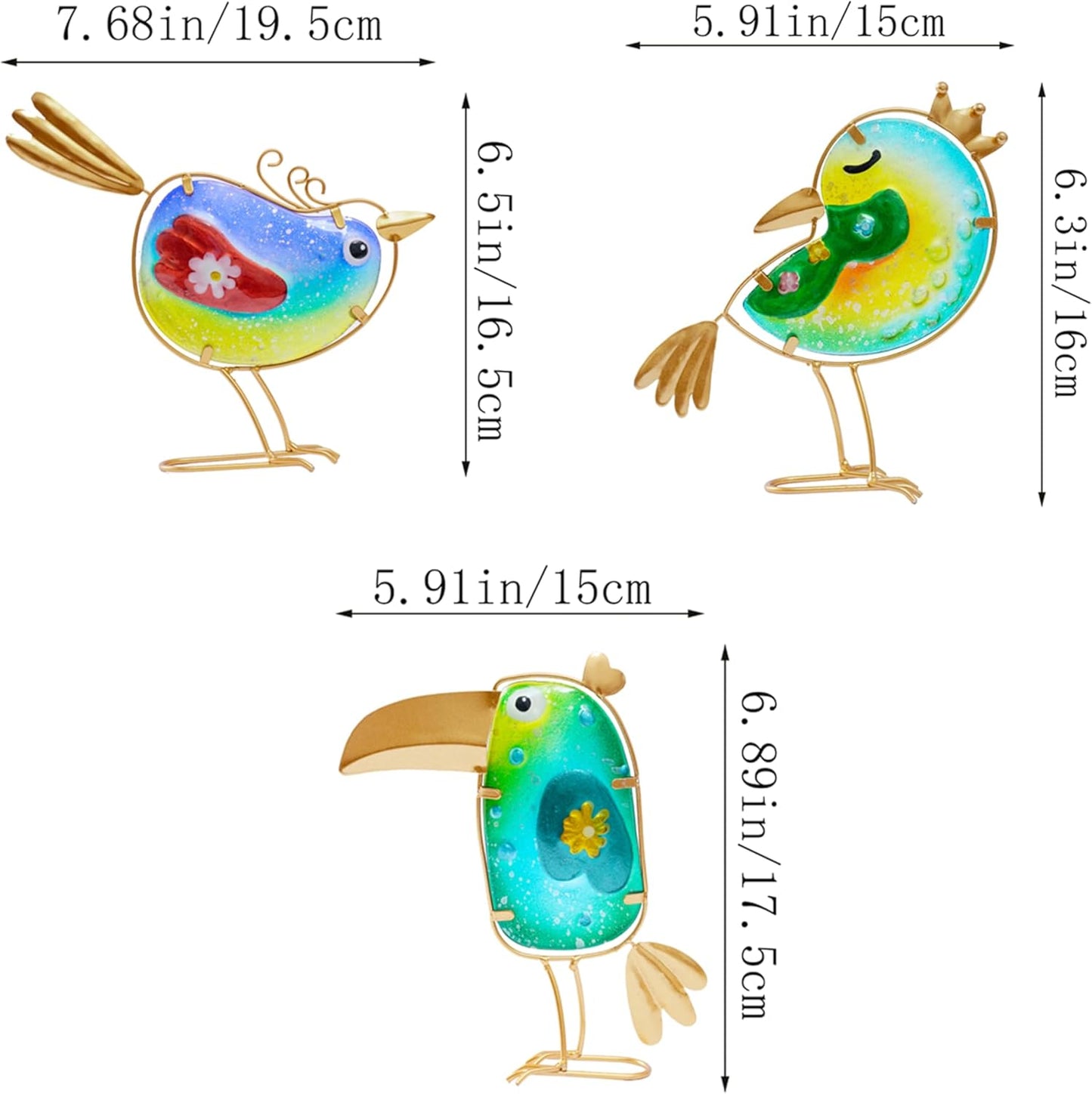 Funny Metal & Glass Bird Decor Set of 3 - Unique Colorful Indoor & Outdoor Garden Statues Whimsical Lawn Decorations Handmade Bird Sculptures Garden Decor for Outside