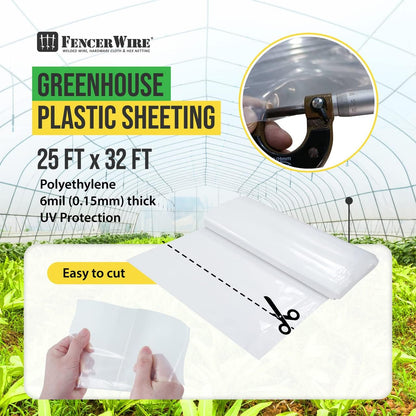 CAPHAUS 6 mil Clear Greenhouse Plastic Sheeting, 4-Year UV Resistant Polyethylene Film, Hoop House Cover for Horticulture, Gardening, Farming and Agriculture, 90% Light Transmittance, 25’ x 32’