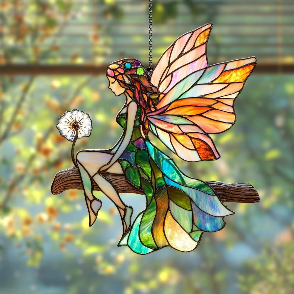 Cute Fairy Acrylic Suncatcher Stained Glass Effect Window Car Hanging Christmas Ornament Indoor Outdoor Decor Garden Sun Catcher Panel Gifts for Fairy Tale Lover for Women Mom Grandma