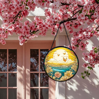 Yellow Butterfly Stained Glass Window Hanging with Floral, Stained Glass Window Decor for Indoor, Butterfly Hanging Glasses Ornament for Wall Decor, Glasses Gifts for Birthday, Xmas, Housewarming