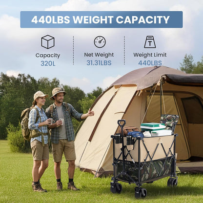 DUMOS Large Capacity Folding Double Decker Wagon with Brakes, 440 lbs Wagons Carts Foldable Wagon Cart with Flexible Handle, All-Terrain Big Wheels for Grocery Sports Garden Camping