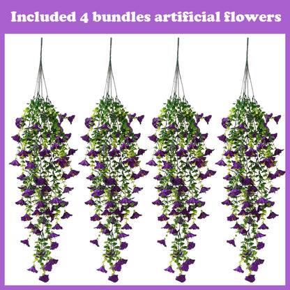 Artificial Hanging Flowers – 4 Pack UV Resistant Fake Morning Glory Vine Faux Plants for Porch, Patio, Balcony, Garden, Indoor & Outdoor Decor (Purple)