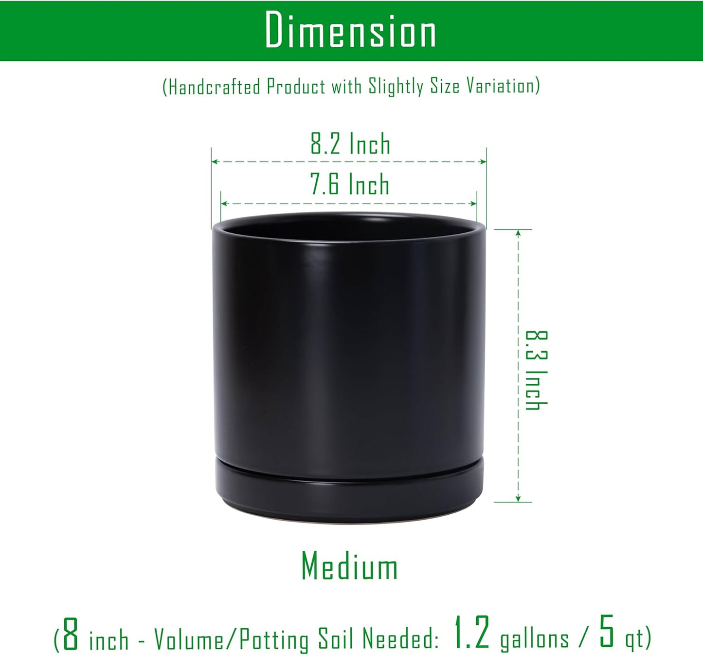 D'vine Dev 8.2 Inch Ceramic Planter Pot with Drainage Hole and Saucer, Indoor Cylinder Round Planter Pot, Black, 94-O-D-2