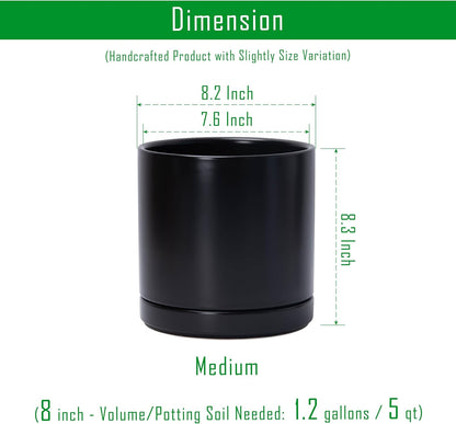 D'vine Dev Set of 2 Plants Pots, 8.2 Inch Ceramic Planter Pot for Plants with Drainage Hole and Saucer, Black, 94-V-D-2