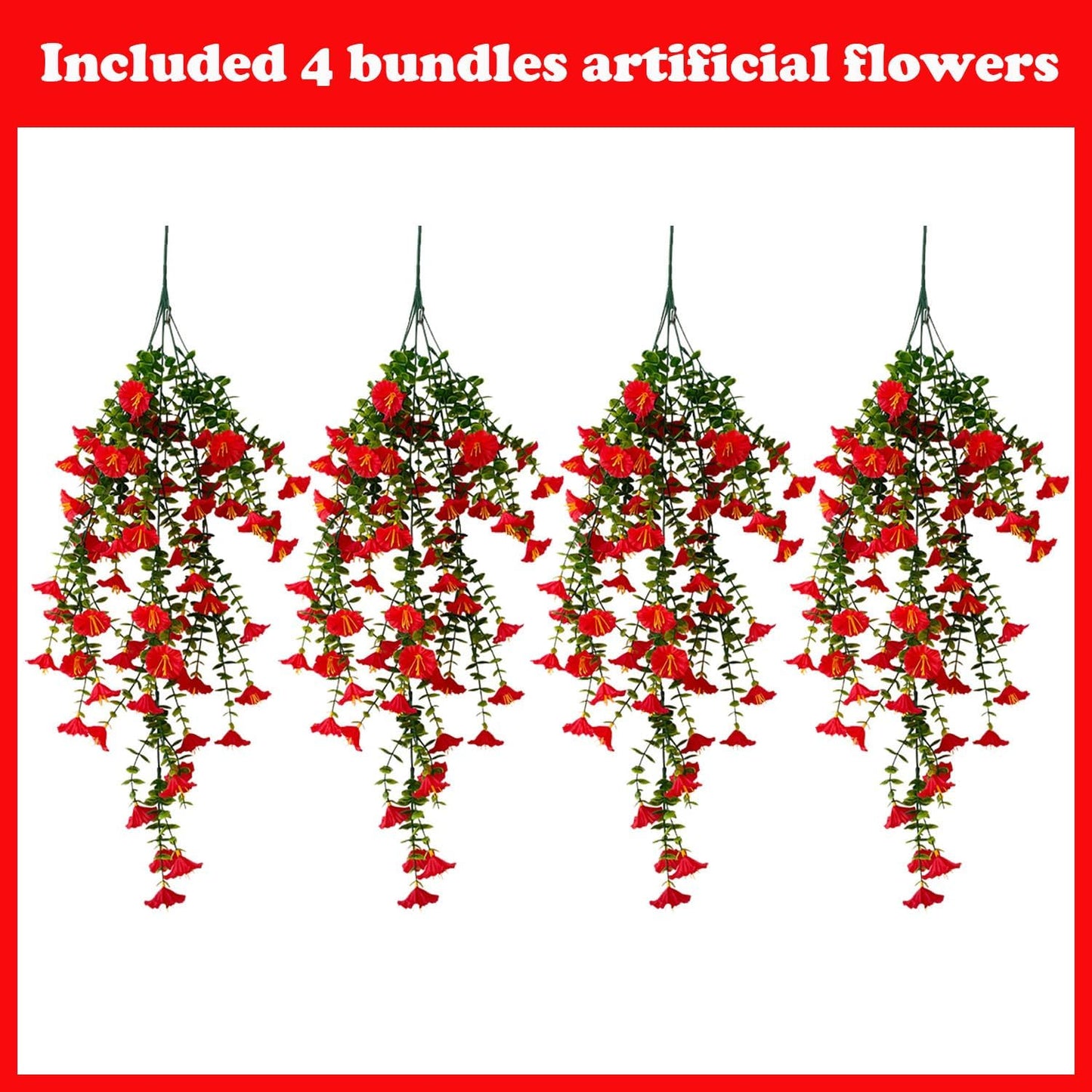 Artificial Hanging Flowers – 4 Pack UV Resistant Fake Morning Glory Vine Faux Plants for Porch, Patio, Balcony, Garden, Indoor & Outdoor Decor (Red)