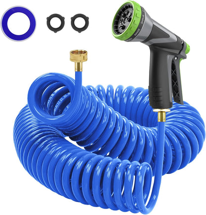 Coil Hose,3/8" EVA Coil Garden Hose 25 FT,Curly Water Hose Lightweight with Brass Connectors,Recoil Garden Hose Includes 8-Pattern Spray Nozzle for Boat, Yard, Patio, Green