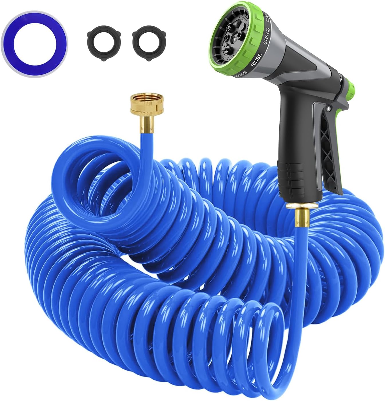Coil Hose,3/8" EVA Coil Garden Hose 50 FT,Curly Water Hose Lightweight with Brass Connectors,Recoil Garden Hose Includes 8-Pattern Spray Nozzle for Boat, Yard, Patio, Green