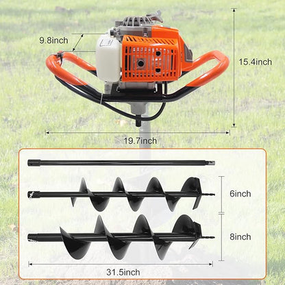 72CC Newly Upgraded Post Hole Digger Gas Powered, 2 Stroke Auger Post Hole Digger with 2 Drill Bits (6" & 8") + 1 Extension Rod for Planting - Ideal for Farm & Garden - Orange (72 CC)