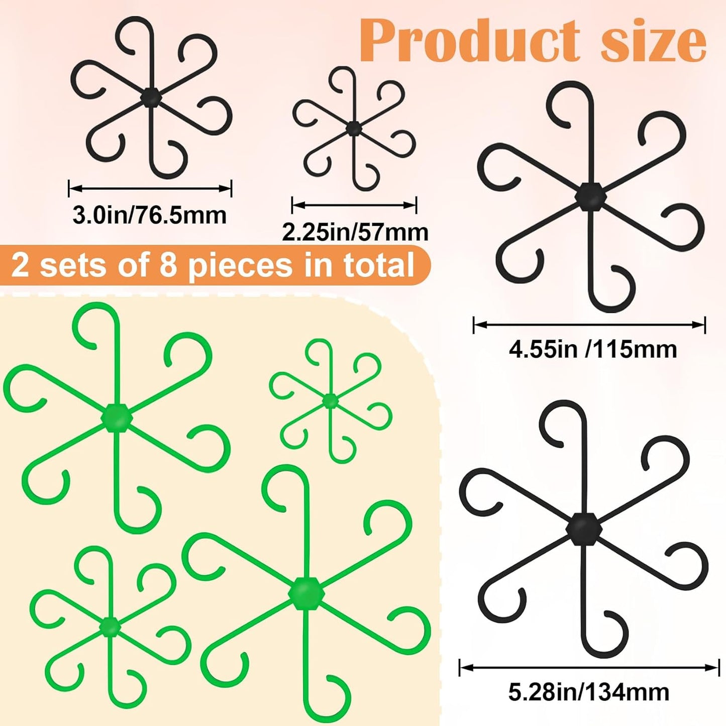 8PCS Plant Stem Support, 4 Sizes Climbing Houseplant Stem Holders, Plastic Reusable Flower Trellis Stem Hook Plant Care Growth Accessories for Flower Plants Indoor Outdoor - Black, Green