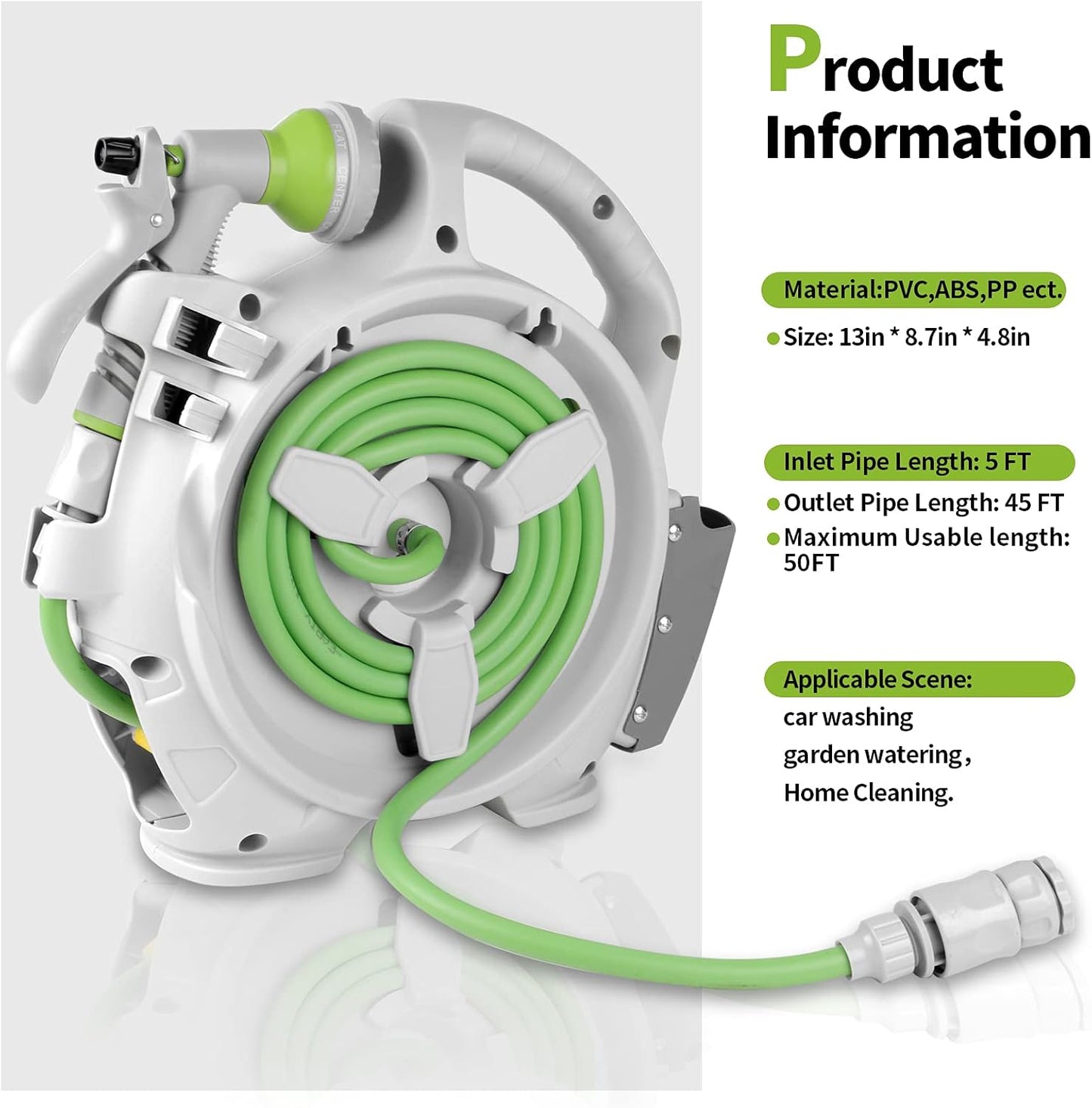 Kitness Mini Retractable Garden Hose Reel, Portable Simple Home 45+5 FT Hose Reel with 7 Adjustable Patterns Spray Nozzle&Standard Connector, Watering Hose Reel for Gardens Yards and lawns (Green)
