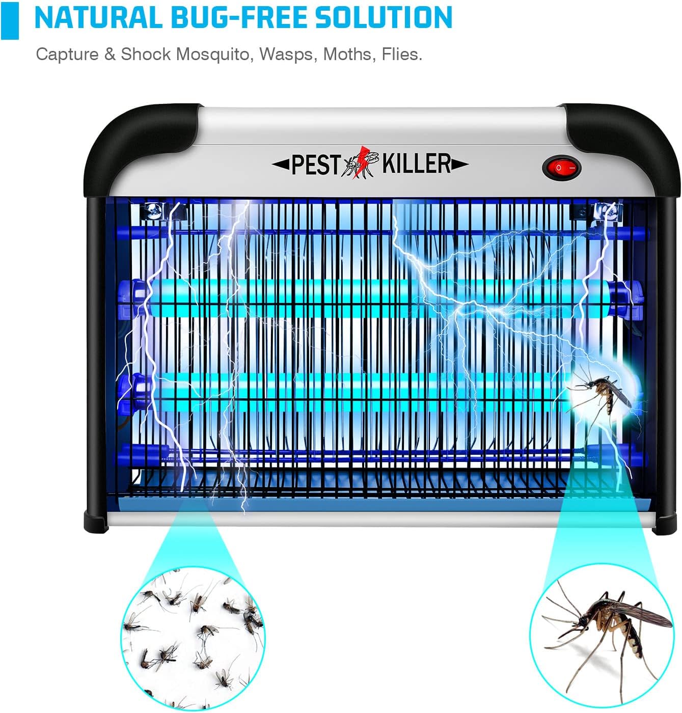 Indoor Electric Bug Zapper, 2800V Powerful Flying Insect Mosquito Killer w/ 20W Blue Light Attract, Plug-in Pest Control Machine for Moth, Fruit Fly, Fungus Gnat, Garage Bug Catcher/Eliminator/Trap