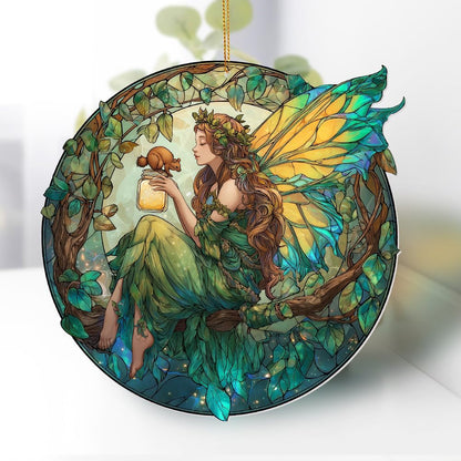 Fairy Ornament Acrylic Suncatcher – Enchanted Forest Fairy Sitting in Circle with Squirrel, Stained Glass Style Window Hanging Decor, Christmas Ornament Gift for Women, Fantasy Home Decor, (Sun-34)