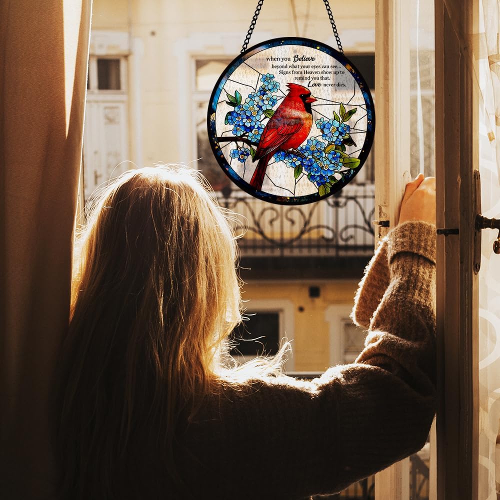 Red Cardinal Stained Glass Window Hanging, Bird Suncatcher for Window, Condolences Suncatcher Glass, Red Bird Home Decor for Remembrance and Healing, Diamond Glass Decor, Sympathy Gifts for Women Men