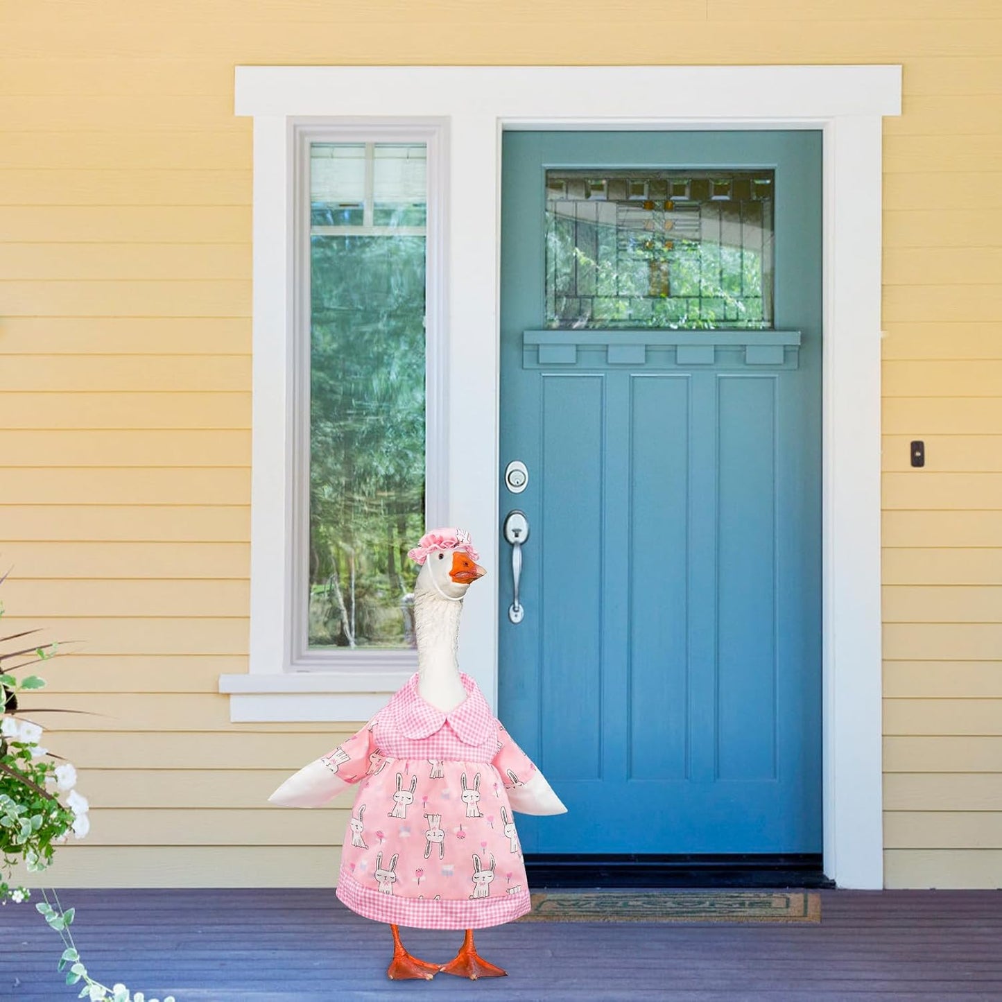 Porch Goose Outfits Cute Pink Rabbit Print, Porch Statue Goose Clothes with Hat for 23" Cement/Plastic Lawn Geese Statue Outdoor Patio Yard Lawn Art Decor Garden
