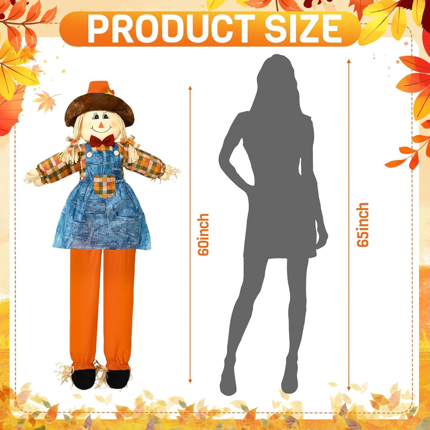 Marsui 1 Pcs 59" Large Outdoor Scarecrow Fall Harvest Thanksgiving Halloween Decoration, Life Size Standing or Sitting Scarecrow Outside Decor for Autumn Garden Yard Porch (Girl)