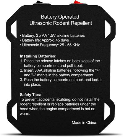 Ultrasonic Rodent Repellent for Car Engine – Battery Powered Under Hood Mouse Repeller with Flashing Strobe Light, Keeps Rats and Mice Away from Vehicle, Automobile, Truck, Garage, Attic, Barn, Shed