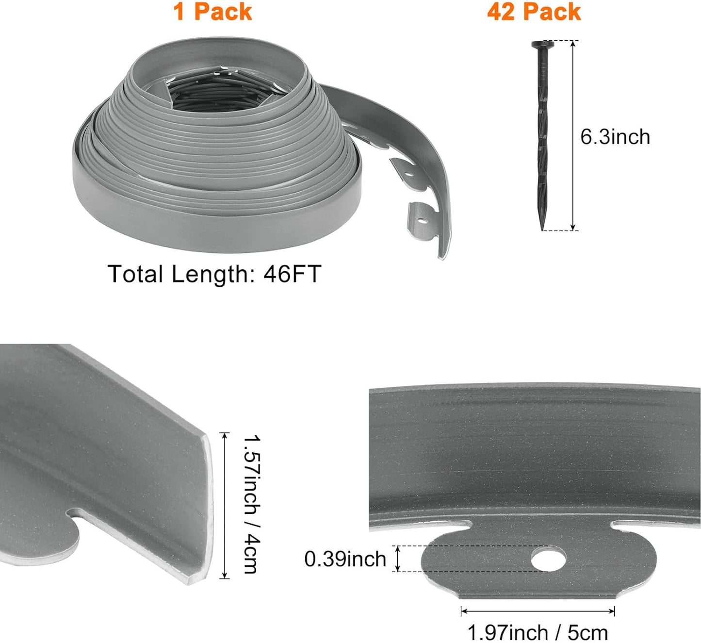 Garden Edging - 46 Feet Plastic Landscaping Edging Border with 42 PCS Spikes Apply to Flower Beds/Grass Lawn/Yard (46FT x 1.57IN, Gray)