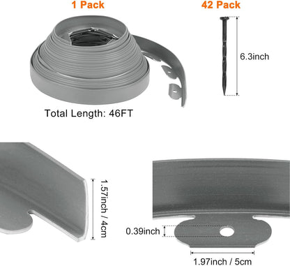 Garden Edging - 46 Feet Plastic Landscaping Edging Border with 42 PCS Spikes Apply to Flower Beds/Grass Lawn/Yard (46FT x 1.57IN, Gray)