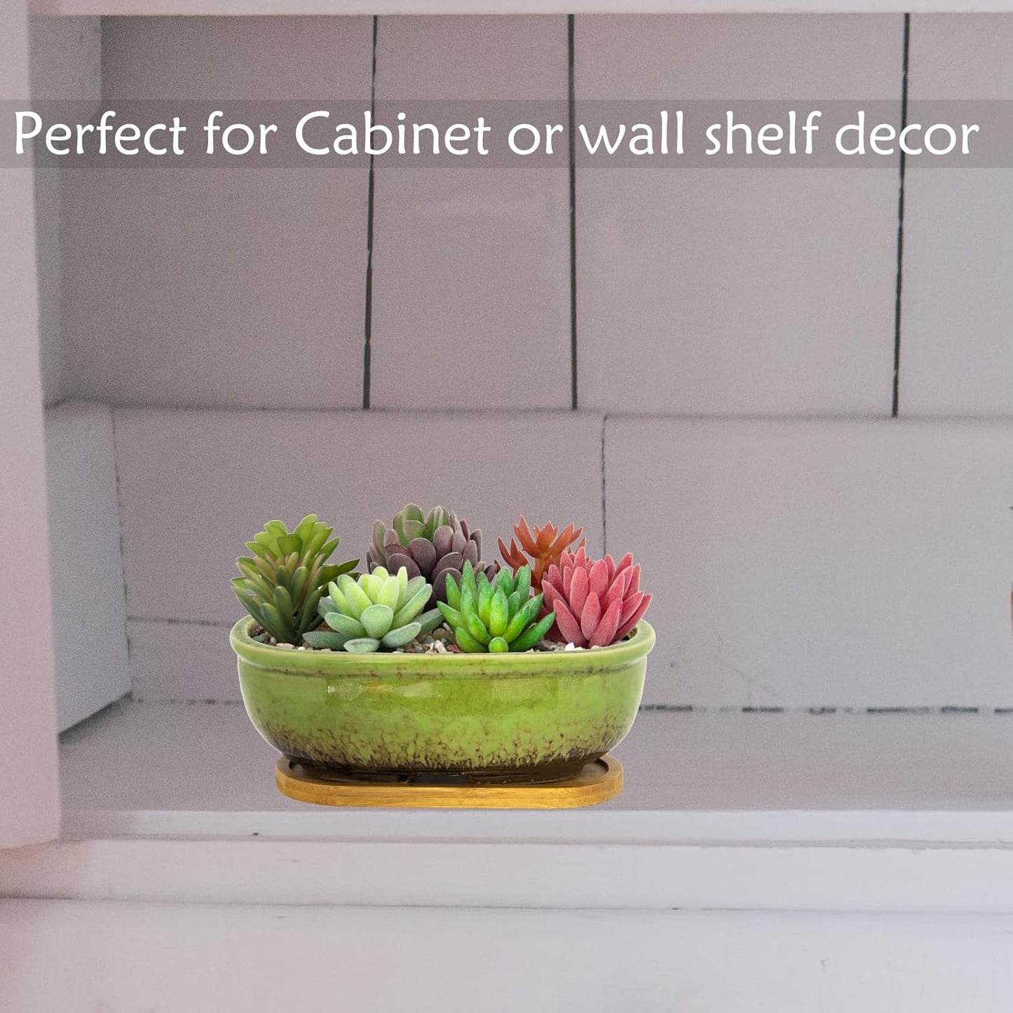 Succulent Pots, 7.9 Inch Long Rectangular Succulent Planters with Drainage Tray, Shallow Planters for Indoor Plants Ceramic Cactus Pots Glazed Bonsai Flower Plant Container for Home Windowsill Decor