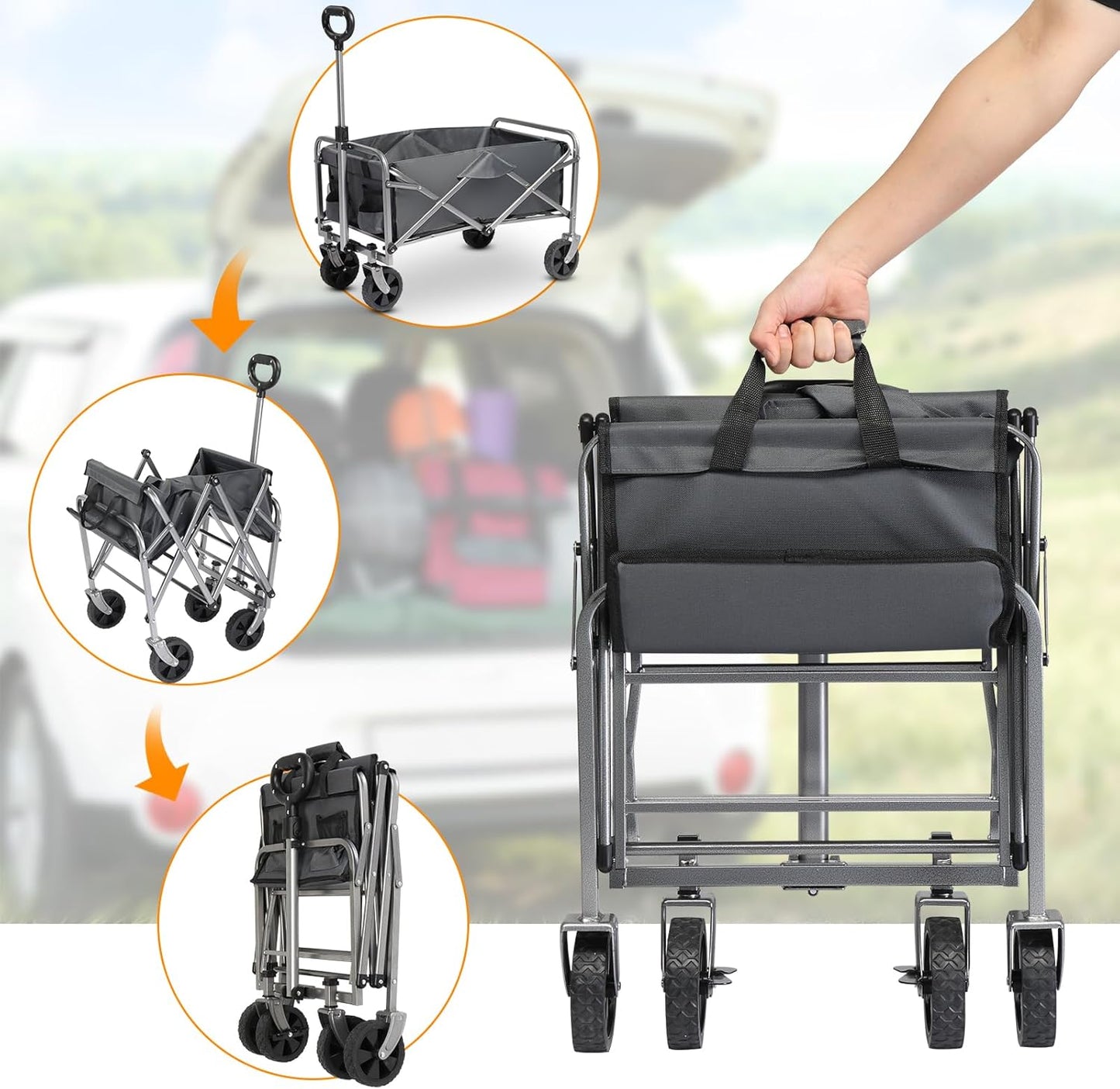 Collapsible Beach Wagon with Big All-Terrain Wheels for Sand, Grocery Shopping, Park Picnic, Camping, Beach Trip