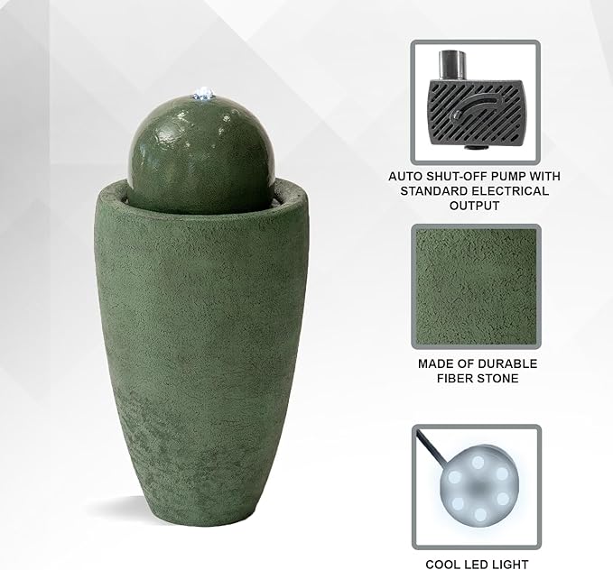 XBrand 25.98" H Round Stone Indoor/Outdoor Modern Stone Textured Sphere Water Fountain w/LED Lights, Ball Fountain Decor, Green