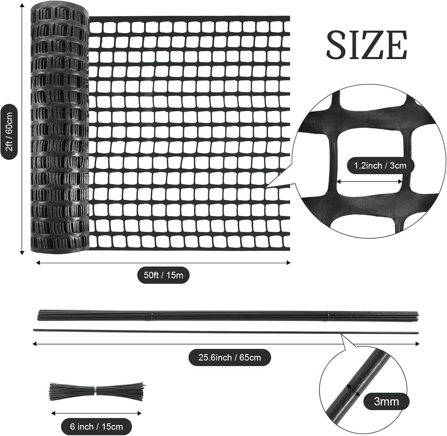 Plastic Garden Fencing Roll Safety Construction Barrier Outdoor Snow Mesh Fence Garden Netting, 1.2 Inch Mesh, Coated Iron Wire Support Stakes, Cable Ties for Garden (Black, 2 x 50 Feet)