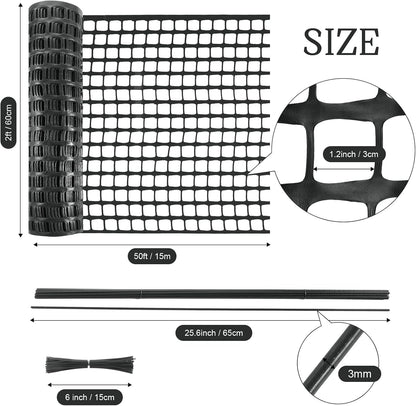 Plastic Garden Fencing Roll Safety Construction Barrier Outdoor Snow Mesh Fence Garden Netting, 1.2 Inch Mesh, Coated Iron Wire Support Stakes, Cable Ties for Garden (Black, 2 x 50 Feet)