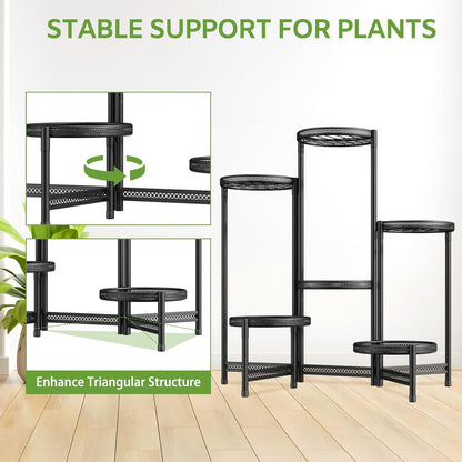 iDavosic.ly 6 Tier Large Plant Stand Indoor with 10-Inch Wide Drainage Tray, Tiered Corner Metal Outdoor Flower Display Holder Shelf, Folding Tall Rack for Patio Porch Balcony, Black Iron Carving