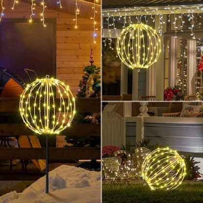 LIGHTSHARE 12IN 96LED Light Ball Yard Decoration Pathway Lights Sphere Light with Fold Flat Metal Frame Indoor Outdoor Waterproof Garden Lights, Plug in