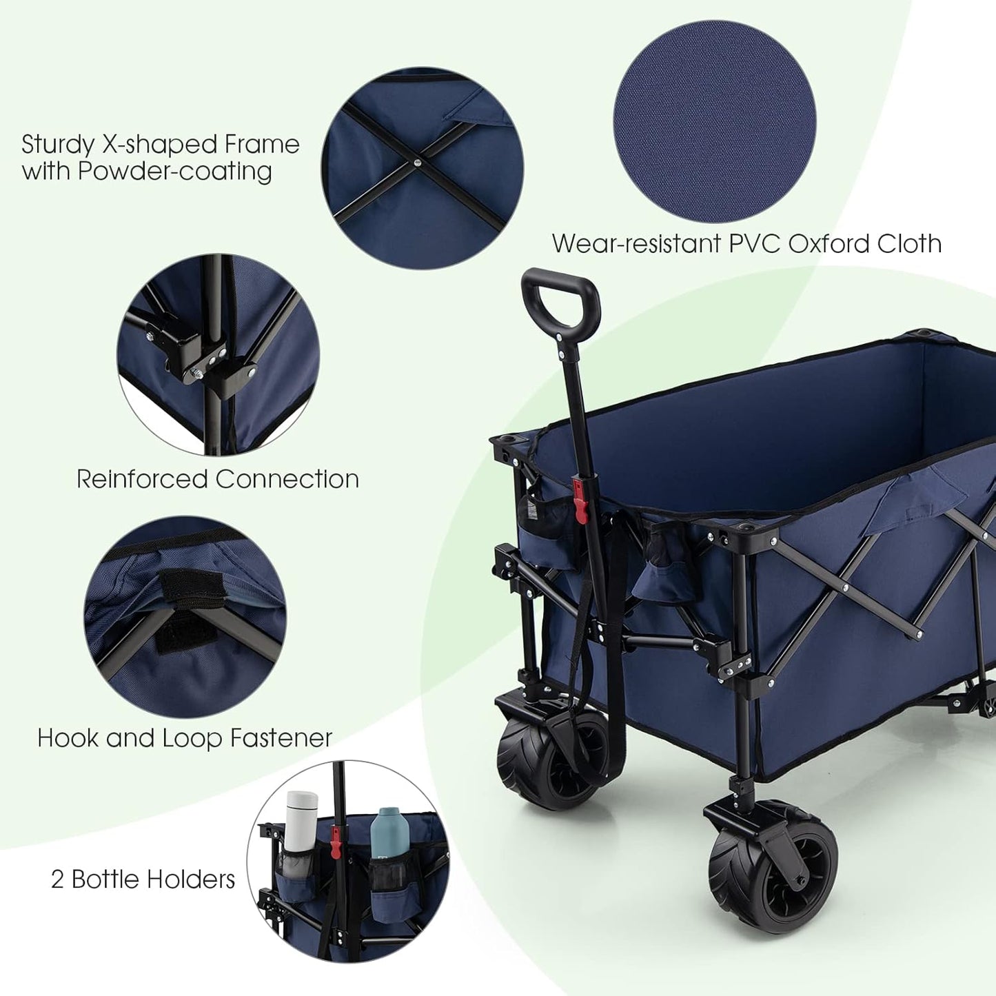 Goplus Collapsible Wagon Cart, Foldable Heavy Duty Utility Wagon with Adjustable Handle, Wide All Terrain Wheels, Cup Holder, Portable Garden Cart Beach Cart for Camping, Picnic (Blue)