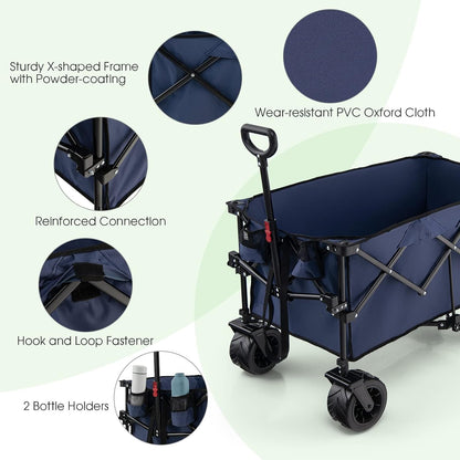 Goplus Collapsible Wagon Cart, Foldable Heavy Duty Utility Wagon with Adjustable Handle, Wide All Terrain Wheels, Cup Holder, Portable Garden Cart Beach Cart for Camping, Picnic (Blue)